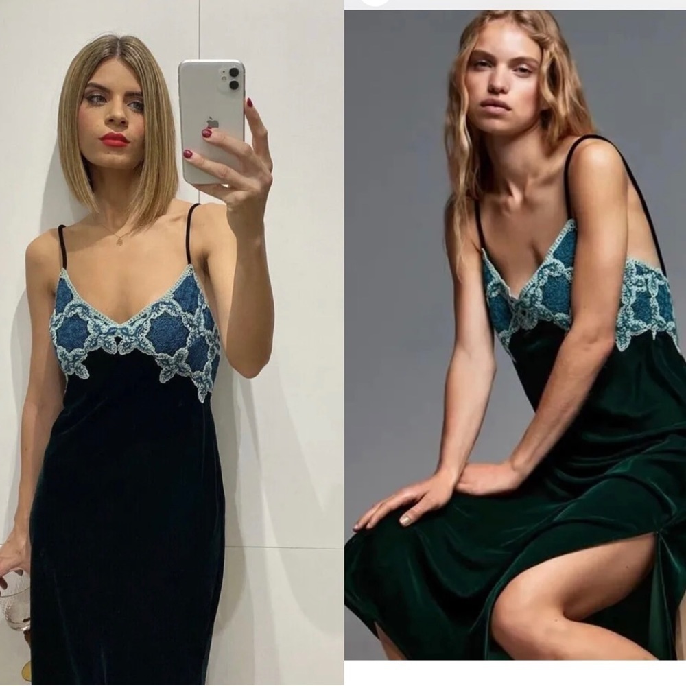 ZARA VELVET & CROCHET MAXI SLIP DRESS DARK GREEN SZ M NWT - Picture 4 of 15